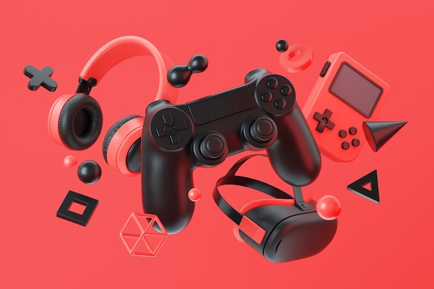 Foto dispositivos de videojuegos vr auriculares auriculares y elementos abstractos sobre fondo rojo renderizado 3d enfermo