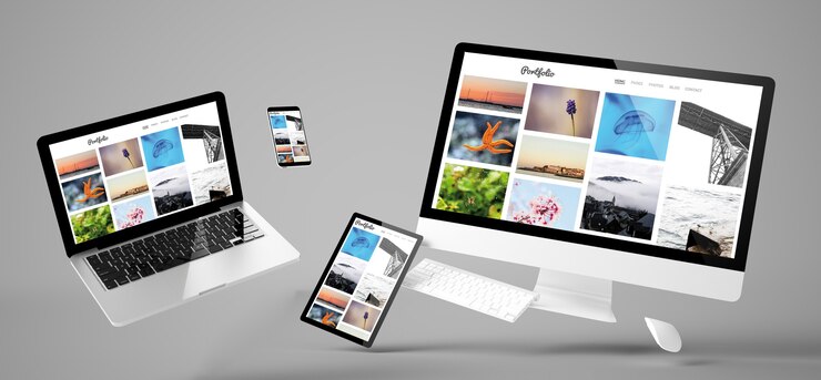 Foto dispositivos voladores con diseño receptivo del sitio web de cartera. representación 3d