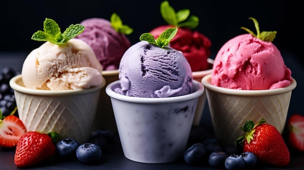 Distinción del sabor del helado con la configuración de arándano, fresa, kiwi, limón y vainilla sin usar en una base común Recurso creativo Generado por IA