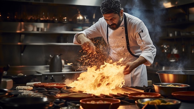 Un distinguido chef en una bulliciosa cocina orquestando una sinfonía de creaciones culinarias