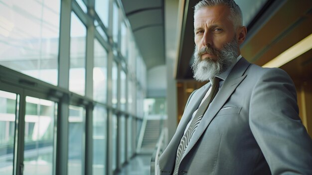 Foto un distinguido ejecutivo con una barba de traje exhibe un aire de sabiduría y experiencia en un momento brillante