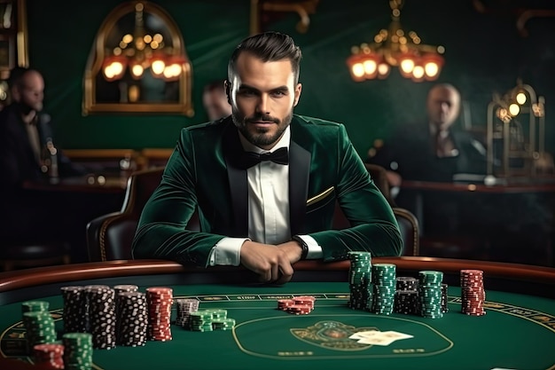 Distribuidor Juego de mesa de póquer concepto de casino Croupier está esperando al jugador listo para jugar cartas en la mesa de casino verde Ilustración de IA generativa