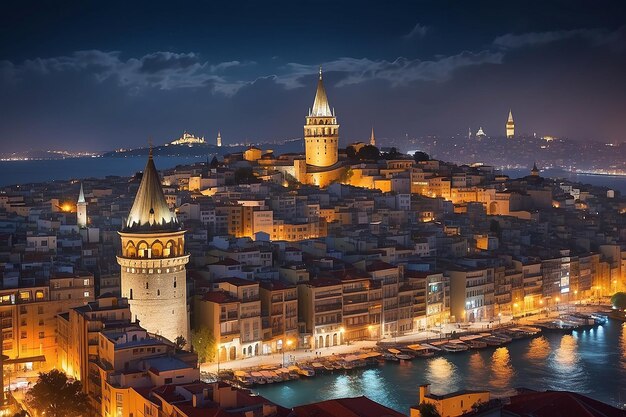 Foto el distrito histórico de beyoglu y la torre iluminada de galata, punto de referencia medieval de estambul por la noche
