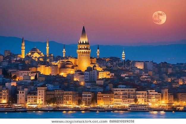 Foto distrito histórico de beyoglu e torre iluminada de galata marco medieval em istambul à noite