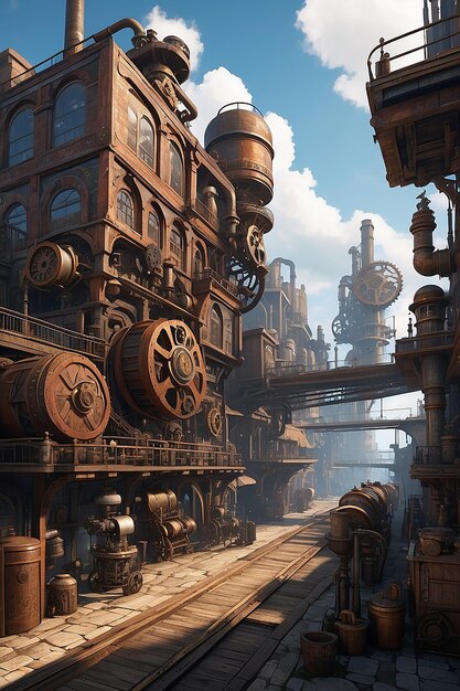 Foto un distrito industrial inspirado en el steampunk con engranajes y maquinaria a vapor