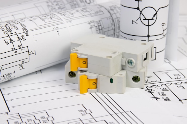 Disyuntor eléctrico en dibujos de ingeniería eléctrica en papel