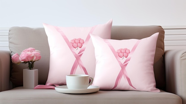 Divano blanco con almohada rosa en el Día del Cáncer de Mama