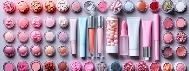 Diversa coleção de cosméticos e produtos de maquiagem