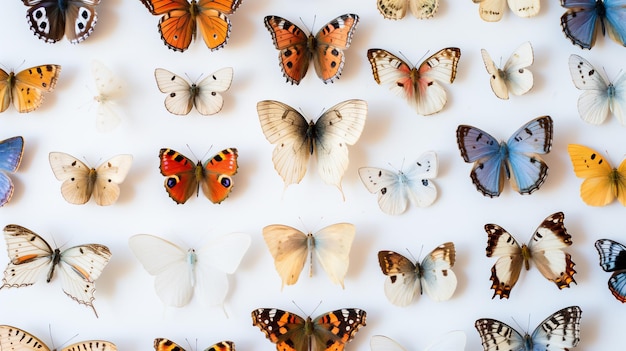 Una diversa colección de especímenes de mariposas expuestas sobre un fondo blanco