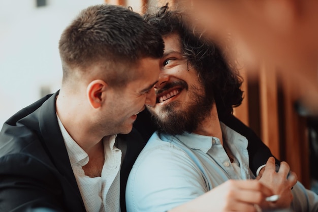 Diversa pareja gay abrazándose. Retrato de cerca. Los hombres homosexuales de la generación z con estilo que salen enamorados disfrutan de las relaciones románticas. concepto lgbt.