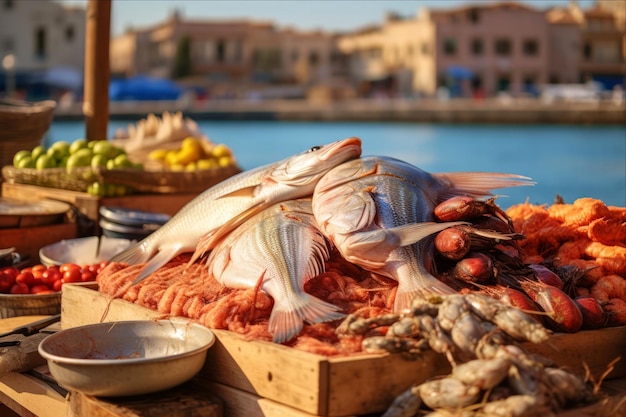 Foto diversa selección de mariscos crudos y pescado en la ciudad de alejandría explorando el mercado mediterráneo