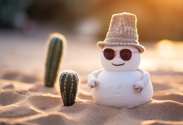 Diversão ao sol Boneco de neve com óculos de sol e chapéu curtindo férias na praia IA generativa