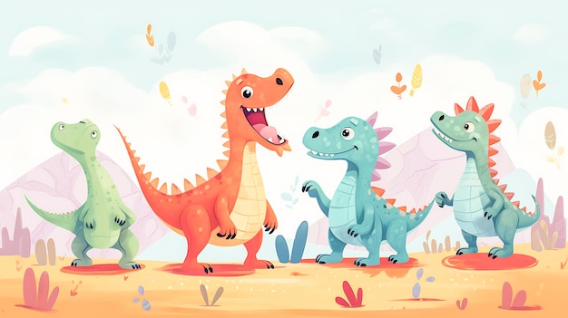 Diversão com dinossauro de desenho animado no fundo da selva Ilustração vetorial temática do parque Jurassic