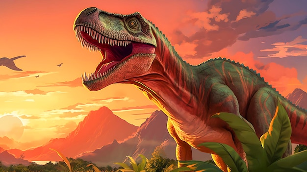 Diversão com dinossauro de desenho animado no fundo da selva Ilustração vetorial temática do parque Jurassic