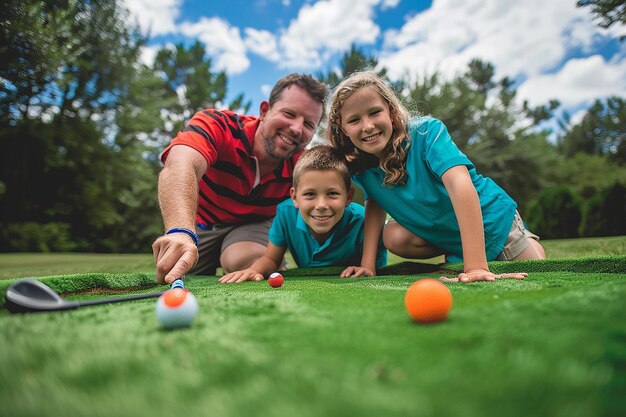 Foto diversão em família com golfe no quintal