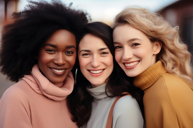 Foto diversas alunas se abraçam e riem. meninas de diferentes nacionalidades