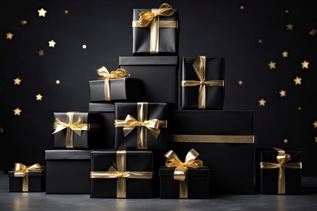 Diversas caixas de presente pretas empilhadas simbolizando o Natal