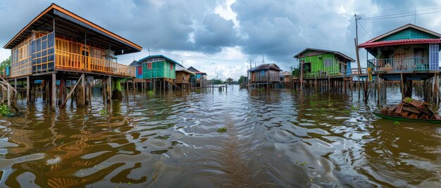 Diversas casas comunitárias ecológicas em palafitas pontes interconectadas em meio a águas em ascensão Fotografia capturada com luzes de fundo e um toque de vinheta Visão de amplo ângulo