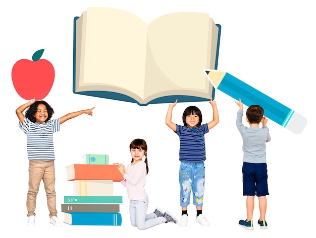 Diversas crianças png com ícones educacionais fundo transparente