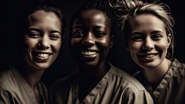 Diversas enfermeiras sorrindo em close-up cativante de claro-escuro