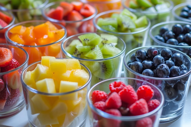 Diversas frutas frescas em copos transparentes, incluindo morangos, kiwi, mirtilos, framboesas e manga, preparadas para uma opção de lanche saudável