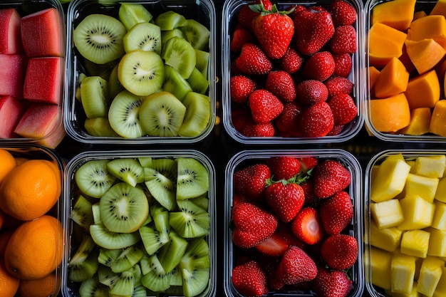 Diversas frutas frescas em recipientes, incluindo morangos, kiwi, manga e melancia, dispostas em um padrão de grade