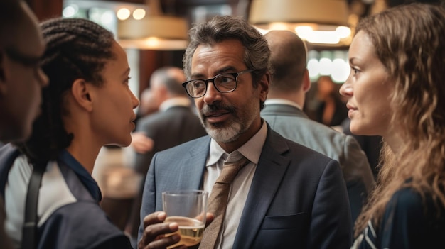 Diversas personas mezclándose en un evento hablando de conexión comercial ai generativo