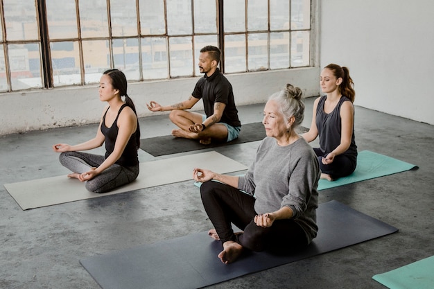 Diversas pessoas meditando em uma aula de ioga