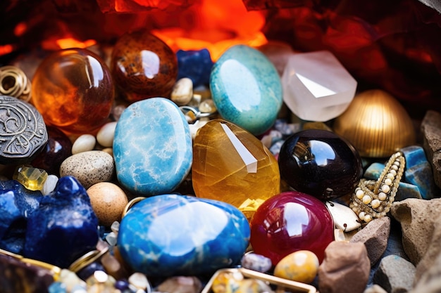 Diversas piedras preciosas atesoradas que significan rituales sagrados.