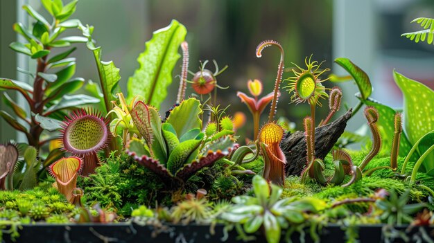 Foto diversas plantas carnívoras crescendo num terrário interior vibrante