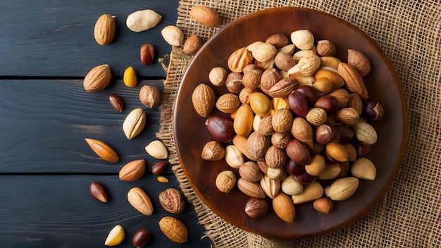 Diversas variedades de nueces se derraman de un plato de madera sobre una mesa con un paño de arpillera