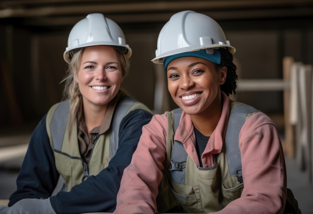 Diverse Bauarbeiterinnen an ihrem Arbeitsplatz