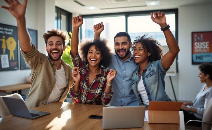 Diversidad empleado de diferentes etnias celebrando el éxito en la oficina