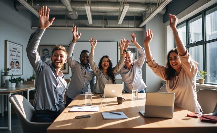 Diversidad empleado de diferentes etnias celebrando el éxito en la oficina