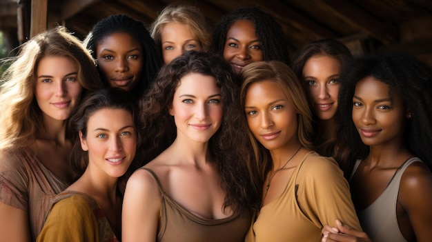 Diversidad étnica y belleza Grupo de mujeres de diversas razas con hermosas sonrisas blancas con fondo blanco.