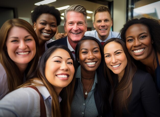 Diversidad étnica en el trabajo con empleados felices celebrando el éxito empresarial