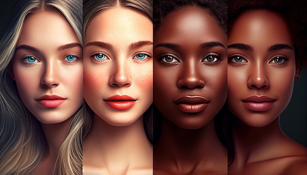 Diversidad de mujeres y retrato grupal con cuidado de la piel de belleza y empoderamiento e inclusión diversos Igualdad tanto local como global e IA generativa