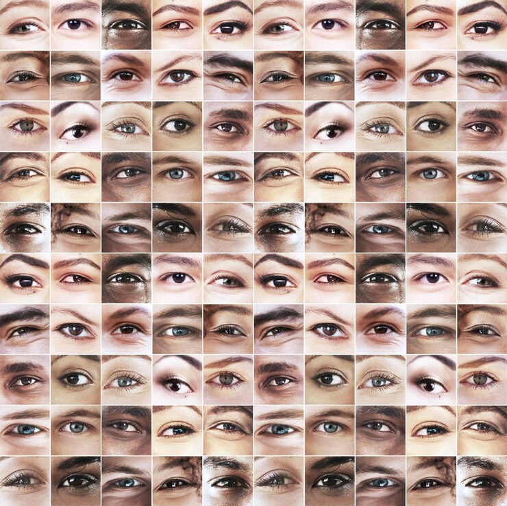 Foto diversidad de ojos y collage con diferencia para la colección de igualdad multirracial o serie de optometría gente de primer plano y vista óptica para la variedad étnica global o grupo diverso con mirada óptica