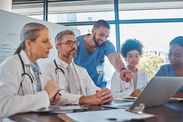 Diversidad de trabajo en equipo y médicos en una reunión que planean una estrategia de cirugía en colaboración en una computadora portátil en una oficina Trabajadores de atención médica en una conversación sobre la revisión del informe de cardiología