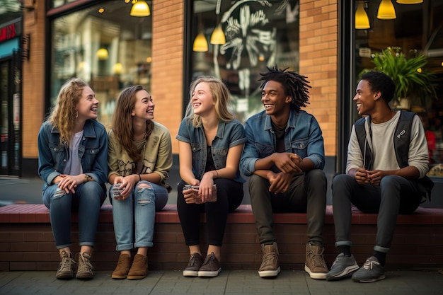 Diversidad urbana grupo animado de jóvenes charlando y riendo en el entorno de la ciudad