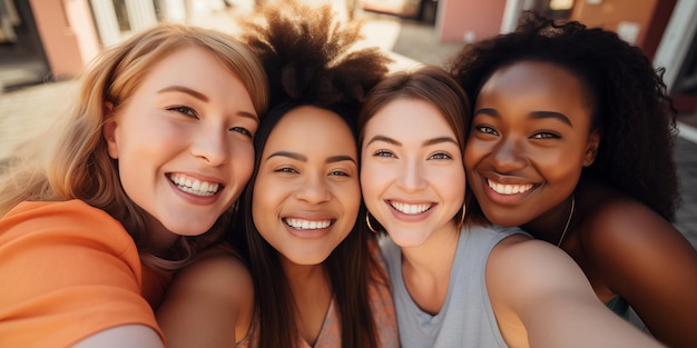 Diversidade alegre Selfie panorâmico de quatro meninas sorridente de raças diferentes