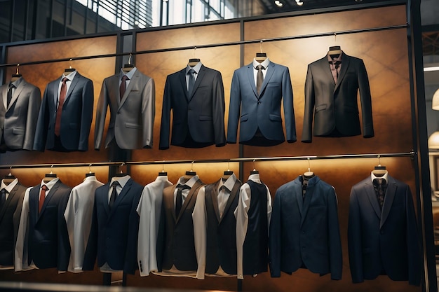 Diversidade de roupas formais penduradas em lojas de varejo modernas
