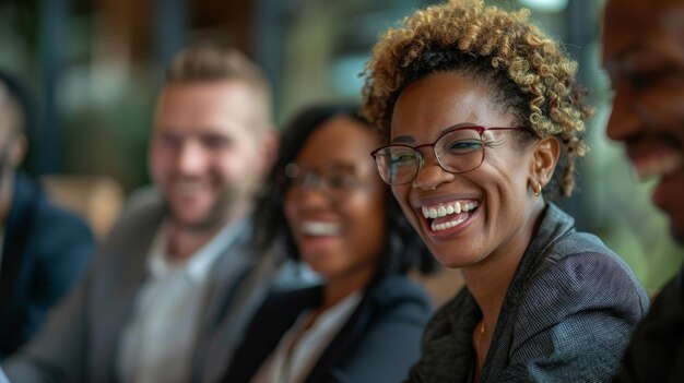 Diversidade Empresarial Colegas rindo e discutindo papelada durante uma reunião IA geradora