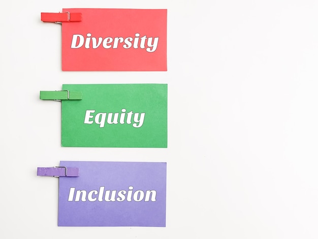 Diversidade, equidade e inclusão em cartão de papel colorido contra fundo branco.