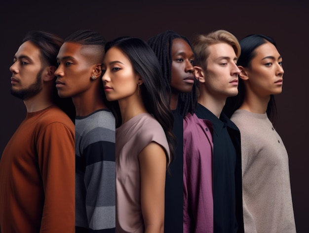 Foto diversidade etnia grupo de pessoas voltadas para a mesma direção estilo cartaz