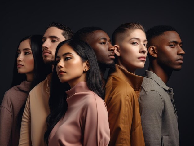 Foto diversidade etnia grupo de pessoas voltadas para a mesma direção estilo cartaz