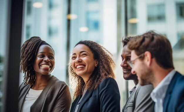 Foto diversidade étnica no trabalho com empregados felizes celebrando o sucesso dos negócios