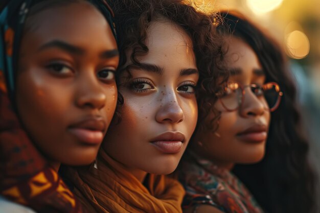 Foto diversidade racial amizade jovens amigas olhando para a câmera ao ar livre