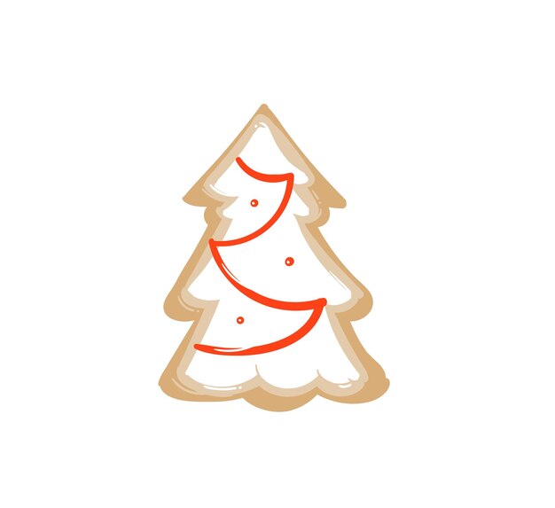 Diversión abstracta de vector dibujado a mano icono de ilustración de dibujos animados de tiempo de feliz Navidad con forma de árbol de Navidad de galleta de jengibre al horno aislado sobre fondo blanco.