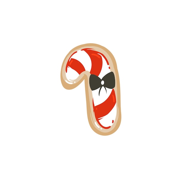 Diversión abstracta de vector dibujado a mano tarjeta de ilustración de dibujos animados de tiempo de feliz Navidad con forma de bastón de caramelo de galleta de jengibre al horno aislada sobre fondo blanco.